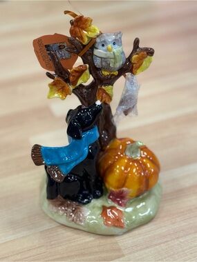 Fall Blue Sky Ceramic Figurine with Black Dog, Owl & Pumpkin - Blue Scarf